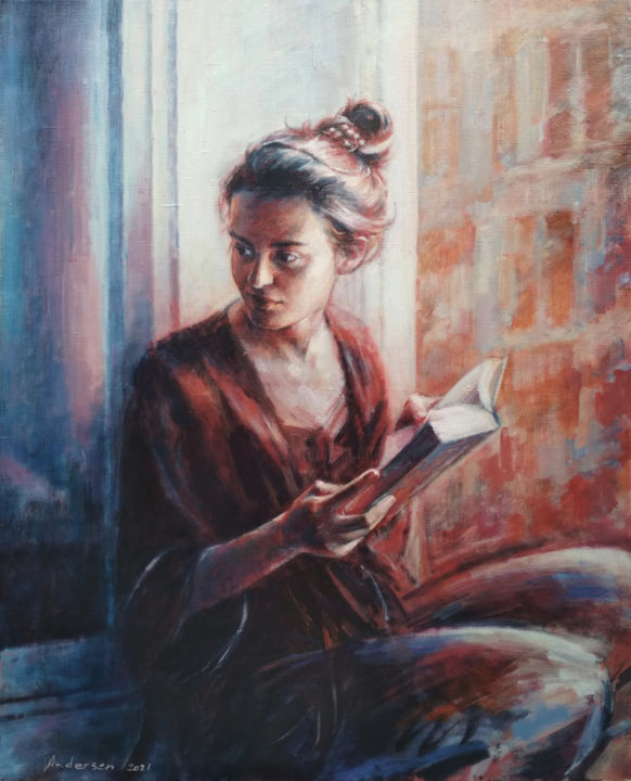 Painting titled "Girl at the window" by Robert Andersen, Original Artwork, Oil