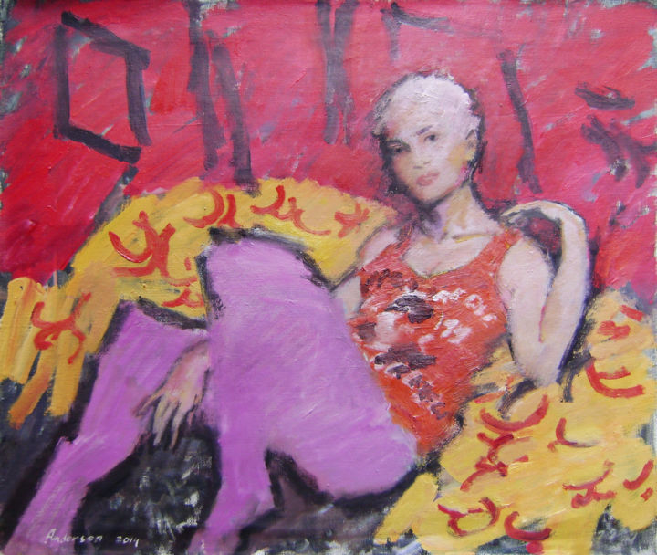 Schilderij getiteld "girl in a chair" door Robert Andersen, Origineel Kunstwerk, Olie