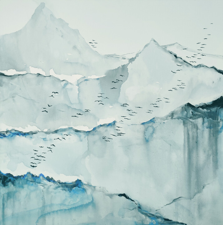 Painting titled "Misty mountains" by Andjela Milosevic, Original Artwork, Watercolor Mounted on Wood Stretcher frame