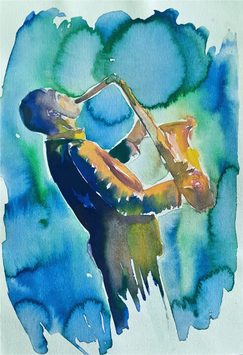 Rysunek zatytułowany „Saxophone” autorstwa Andjela Milosevic, Oryginalna praca, Akwarela