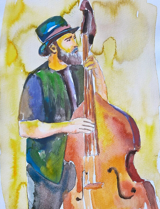 Schilderij getiteld "Contrabass" door Andjela Milosevic, Origineel Kunstwerk, Aquarel Gemonteerd op Andere stijve panelen