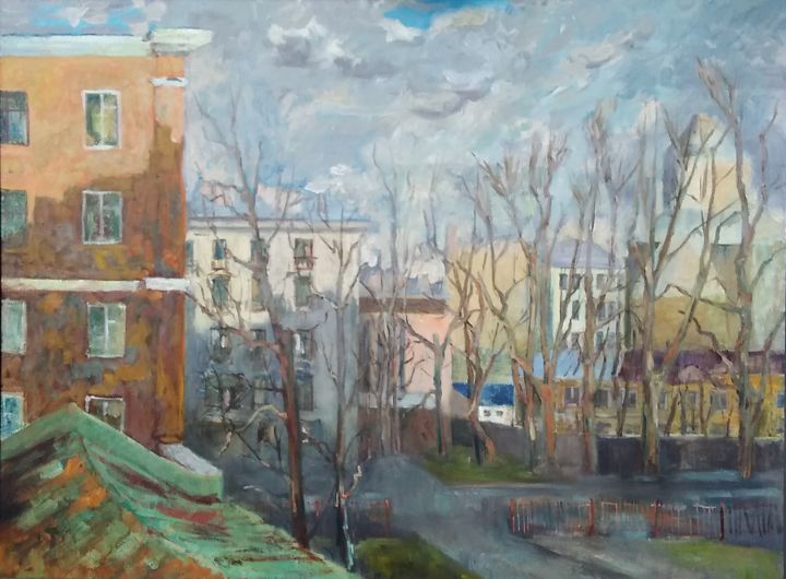 Painting titled "Пейзаж из окна ,пер…" by Andrei Sedov, Original Artwork, Oil
