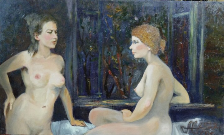Malarstwo zatytułowany „Ночная беседа” autorstwa Andrei Sedov, Oryginalna praca, Olej