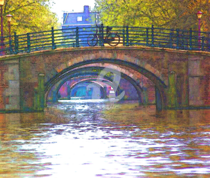 Pittura intitolato "Amsterdam Bridges a…" da András Váczi, Opera d'arte originale, Acquarello