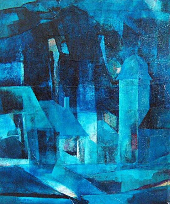 Schilderij getiteld "bleu de chez nous" door Andre Bourdin, Origineel Kunstwerk, Olie