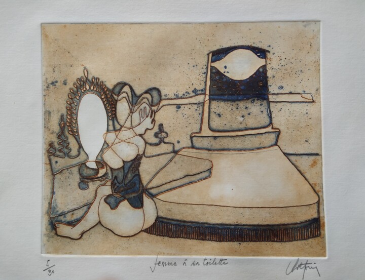Printmaking titled "Femme à sa toilette" by André Colpin, Original Artwork, Etching
