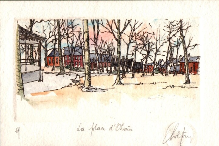 Gravures & estampes intitulée "Ohain - La place d'…" par André Colpin, Œuvre d'art originale, Eau-forte