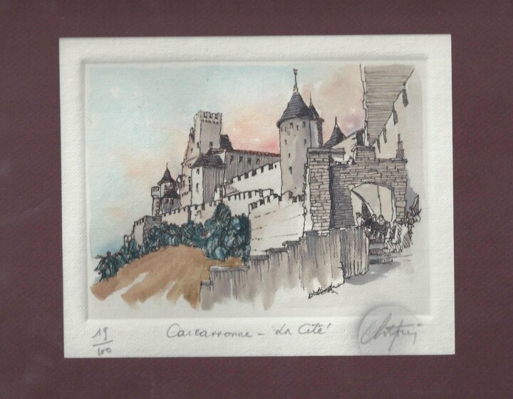 Gravures & estampes intitulée "Carcassonne  - la C…" par André Colpin, Œuvre d'art originale, Eau-forte