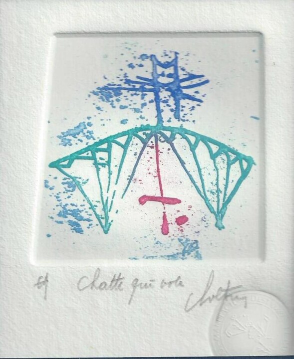 Gravures & estampes intitulée "Chatte qui vole" par André Colpin, Œuvre d'art originale, Eau-forte