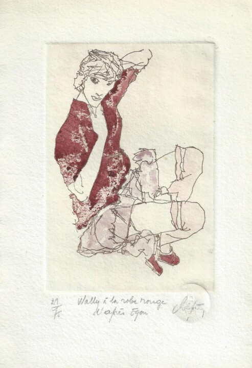 "Wally à la robe rou…" başlıklı Baskıresim André Colpin tarafından, Orijinal sanat, Oyma baskı 