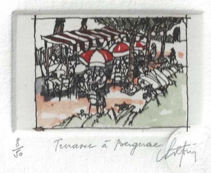 Printmaking titled "Terrasse à Bergerac" by André Colpin, Original Artwork, Etching