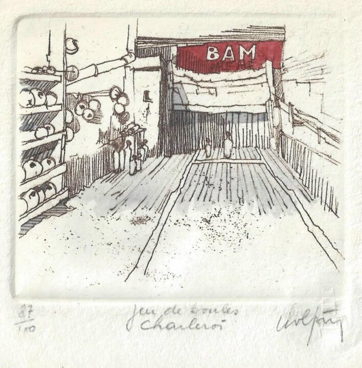 Gravures & estampes intitulée "Charleroi jeu de bo…" par André Colpin, Œuvre d'art originale, Eau-forte