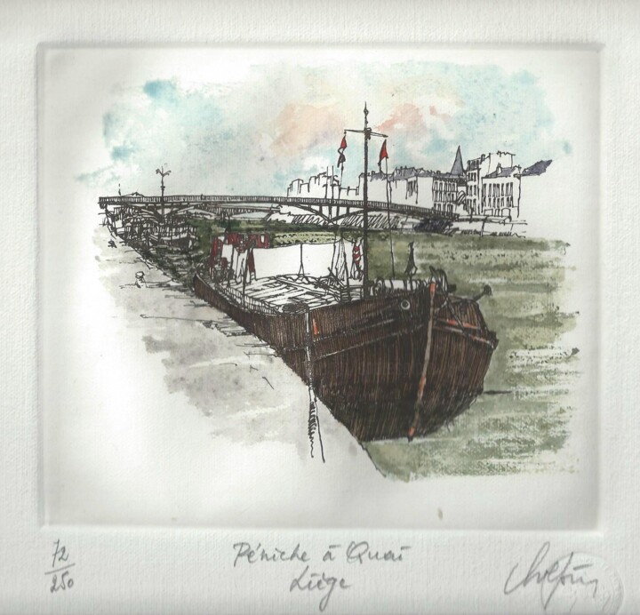 Printmaking titled "Liège Péniche à quai" by André Colpin, Original Artwork, Etching