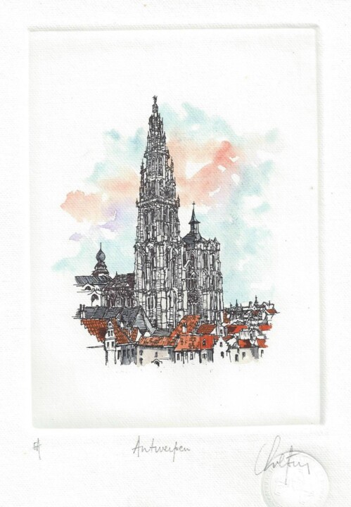 Printmaking titled "Antwerpen - Kathedr…" by André Colpin, Original Artwork, Etching