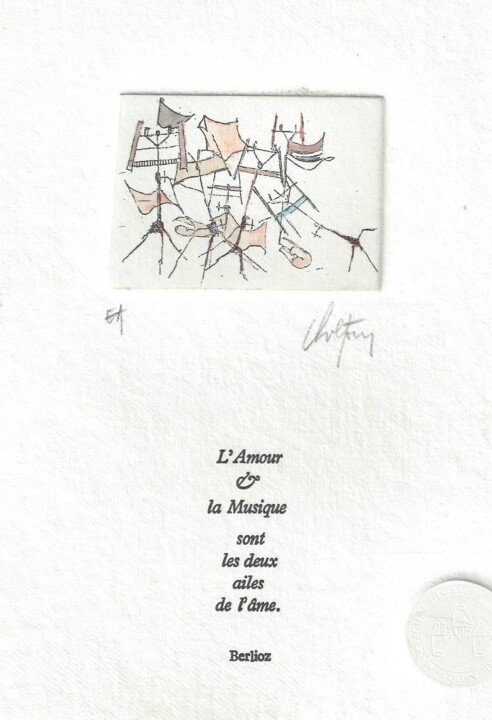 Gravures & estampes intitulée "Chevalets + texte "…" par André Colpin, Œuvre d'art originale, Eau-forte