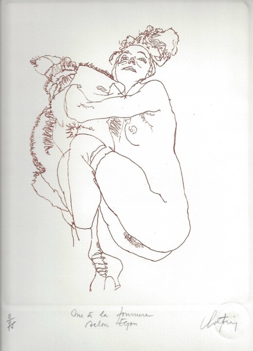 Druckgrafik mit dem Titel "Nu à la fourrure se…" von André Colpin, Original-Kunstwerk, Radierung