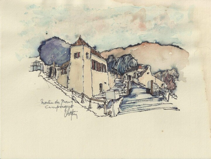 Drawing titled "Moulin du Bourg à C…" by André Colpin, Original Artwork, Ink