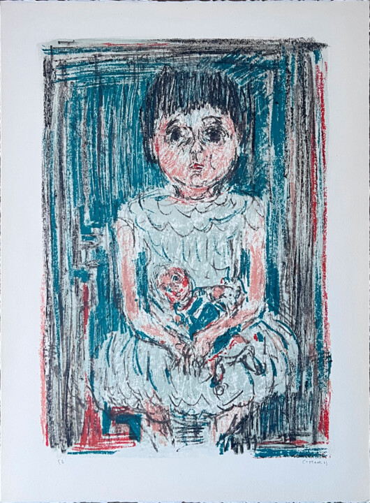 Gravures & estampes intitulée ""Sophie et sa poupé…" par André Cottavoz, Œuvre d'art originale, Lithographie