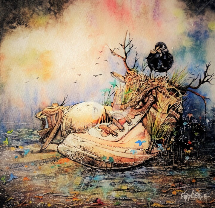 Pintura intitulada "En attendant la bec…" por André Farnier, Obras de arte originais, Aquarela Montado em Armação em madeira