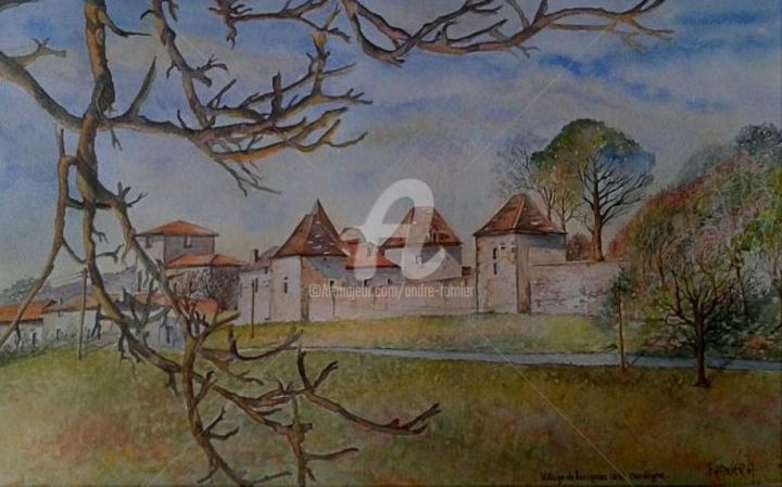 Painting titled "Village de lusignac" by André Farnier, Original Artwork, Watercolor