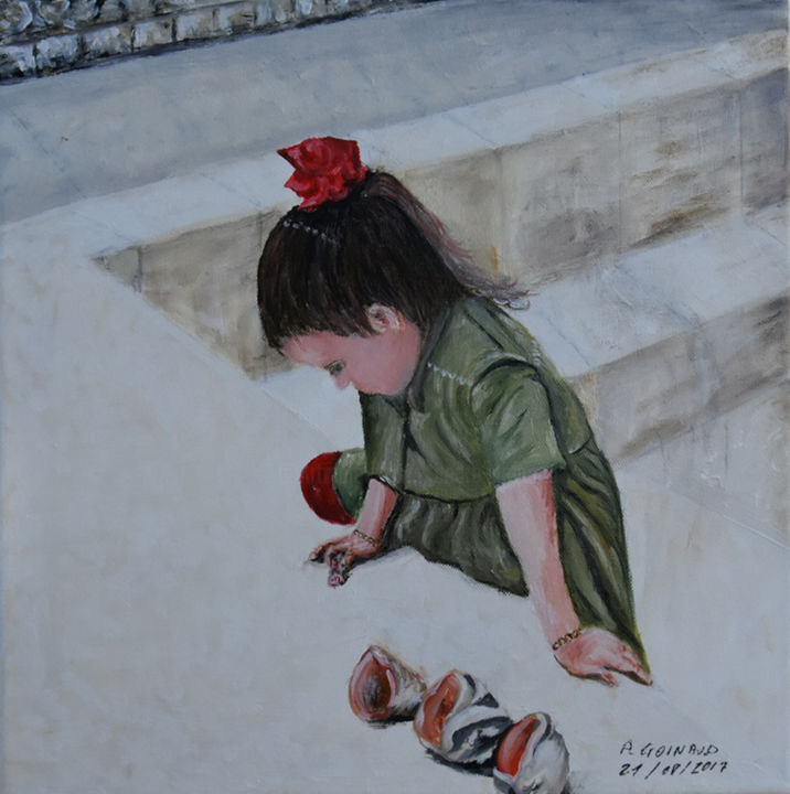 Painting titled "Petite fille aux co…" by André Goinaud, Original Artwork, Oil