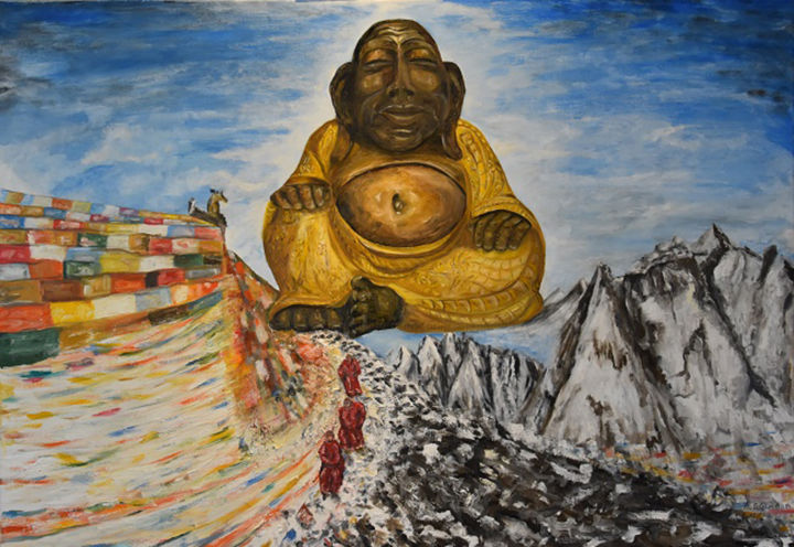 Peinture intitulée "BOUDDHA (porte-bonh…" par André Goinaud, Œuvre d'art originale, Huile Monté sur Châssis en bois