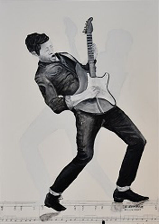 Painting titled "oh! Ma guitare" by André Goinaud, Original Artwork, Oil Mounted on Wood Stretcher frame