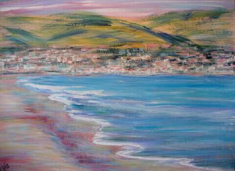 Peinture intitulée "plage du lavandou" par André Gueydon, Œuvre d'art originale, Huile