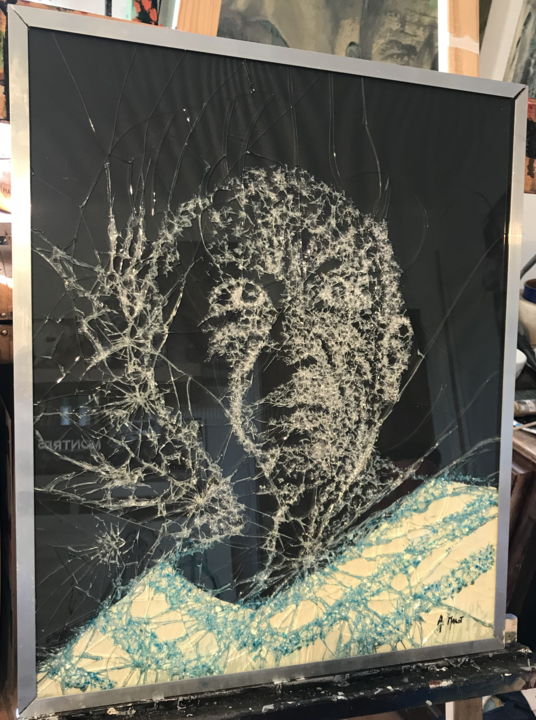 제목이 "Picasso"인 조형물 André Marot로, 원작, 유리 목재 패널에 장착됨
