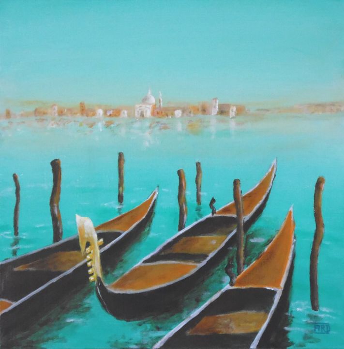 Malerei mit dem Titel "Venise 1904 Gondoles" von André Robert Deschamps, Original-Kunstwerk, Acryl