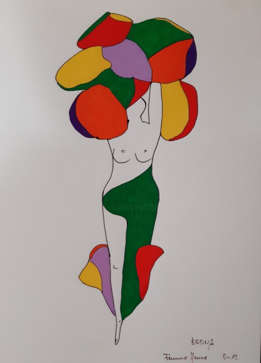 Drawing titled "Femme fleur" by André Roeser, Original Artwork, Acrylic