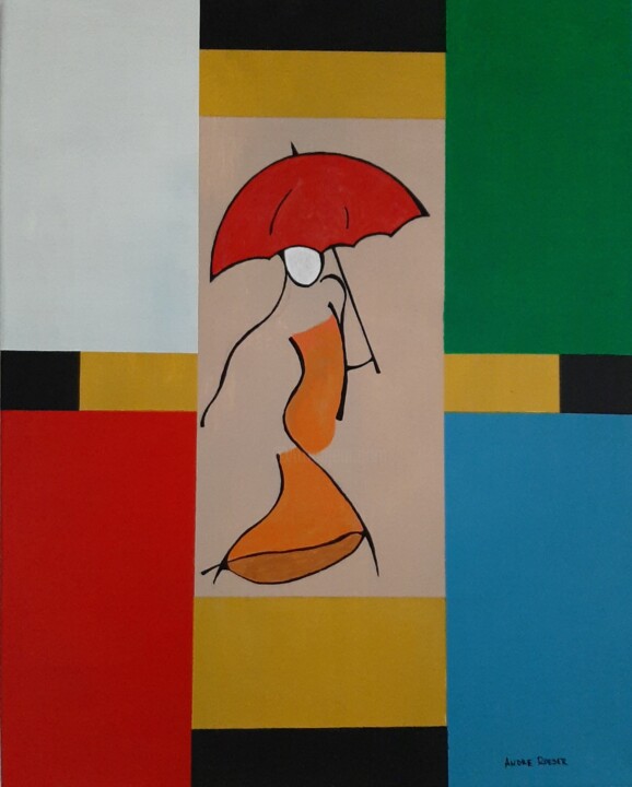 Schilderij getiteld "Le parapluie rouge" door André Roeser, Origineel Kunstwerk, Acryl Gemonteerd op Frame voor houten branc…