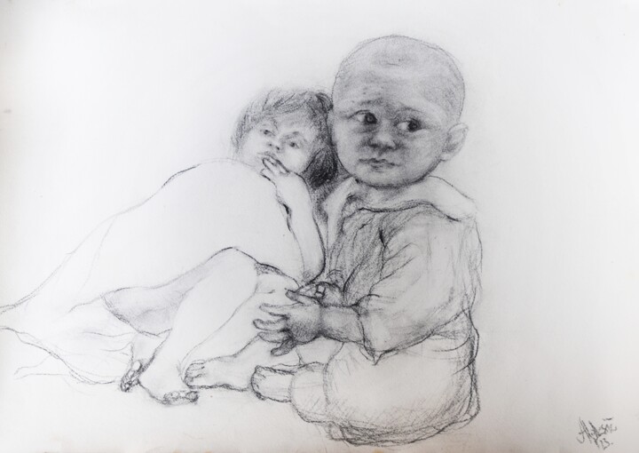 Malerei mit dem Titel "Children II" von Andrea Aleksic, Original-Kunstwerk, Kohle