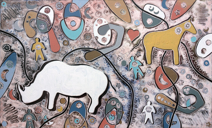 Peinture intitulée "Rinoceronte bianco" par Andrea Benetti, Œuvre d'art originale, Huile