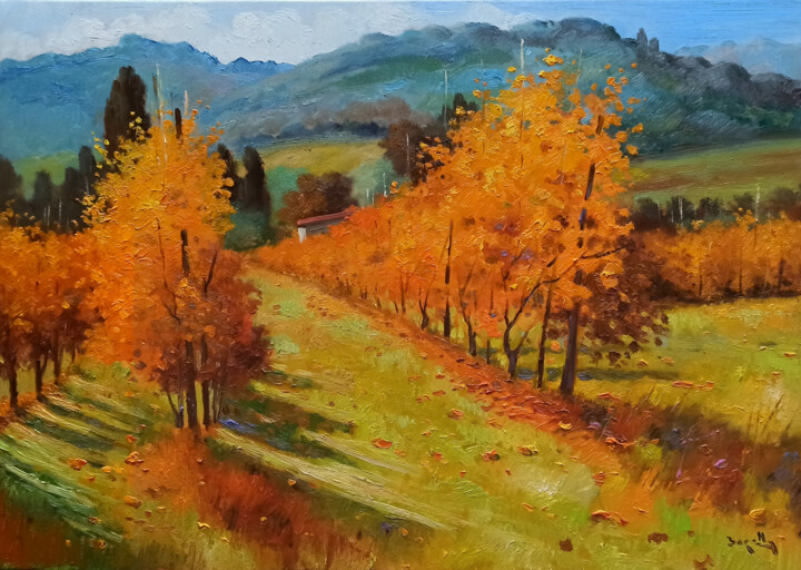 Pittura intitolato "Autumn vineyard - T…" da Andrea Borella, Opera d'arte originale, Olio Montato su Telaio per barella in l…