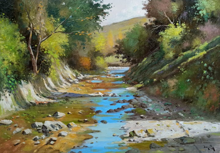 Painting titled "The little river -…" by Andrea Borella, Original Artwork, Oil Mounted on Wood Stretcher frame