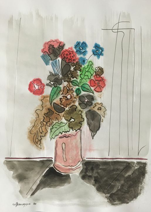 Drawing titled "Flowers in a vase,…" by Andrea Collemaggio, Original Artwork, Watercolor
