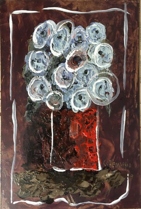 Pittura intitolato "Fiori in un vaso ro…" da Andrea Collemaggio, Opera d'arte originale, Olio