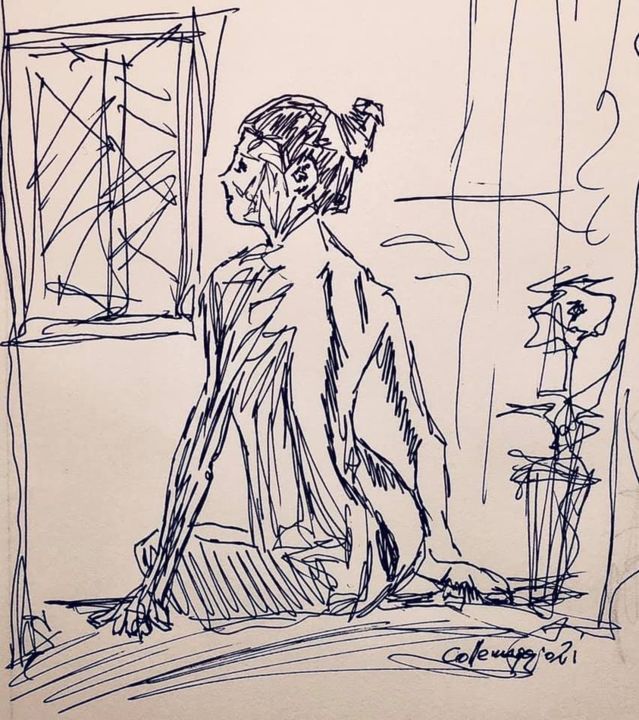 Disegno intitolato "nudo fiore, finestra" da Andrea Collemaggio, Opera d'arte originale, Biro