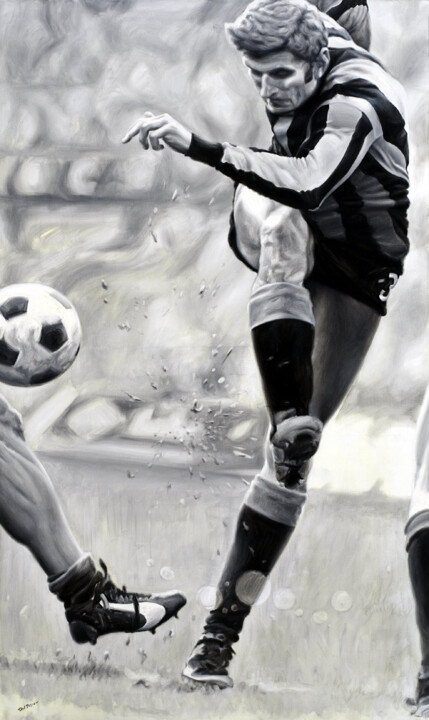 Painting titled "Giacinto Facchetti…" by Andrea Del Pesco, Original Artwork, Oil Mounted on Wood Stretcher frame