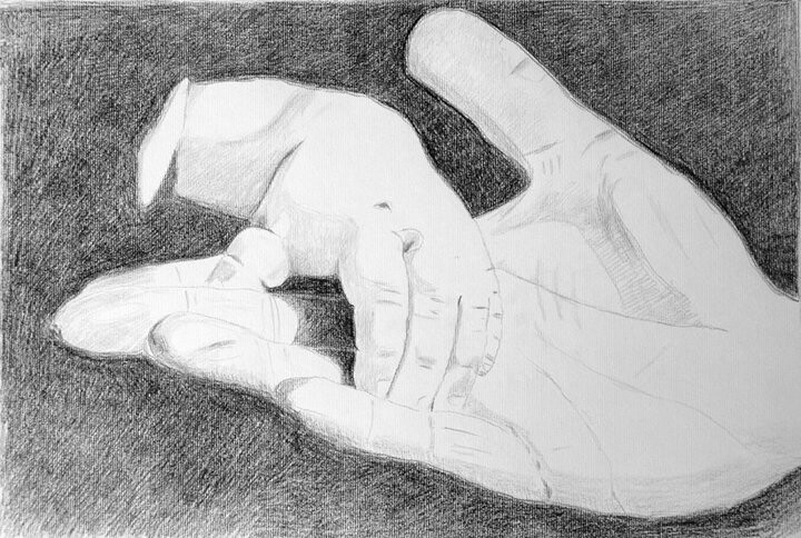 Drawing titled "Mano di neonato" by Andrea Lucchetta, Original Artwork, Pencil Mounted on Cardboard