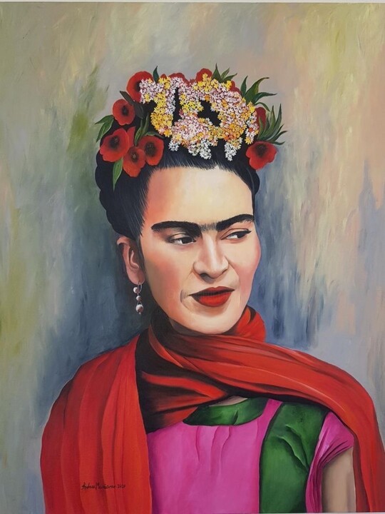 Malerei mit dem Titel "O Olhar de Frida" von Andrea Mariano, Original-Kunstwerk, Acryl