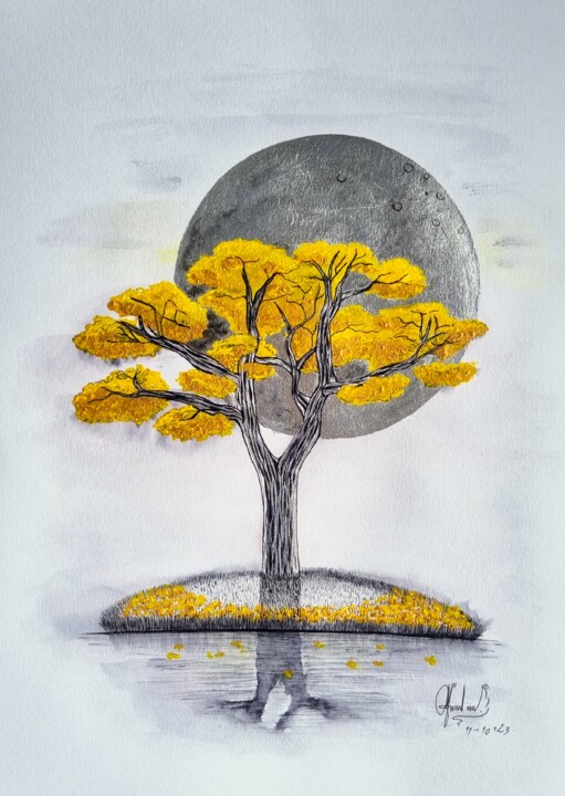 Картина под названием "“ The moon with the…" - Andrea Moreno, Подлинное произведение искусства, Чернила