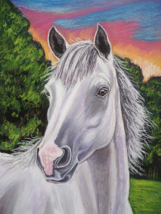 Painting titled "White stallion" by Andrea Napolitano, Original Artwork, Pastel