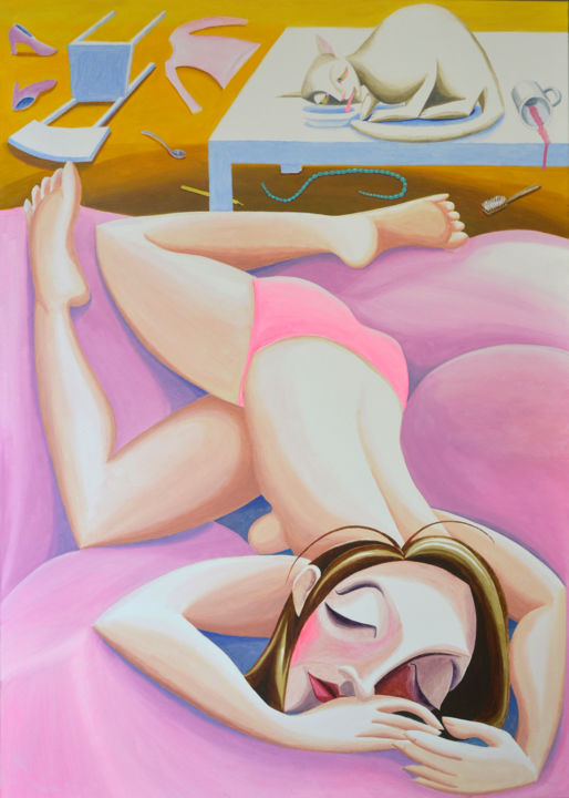 Malerei mit dem Titel "The lazy Girl" von Andrea Riegler, Original-Kunstwerk, Acryl