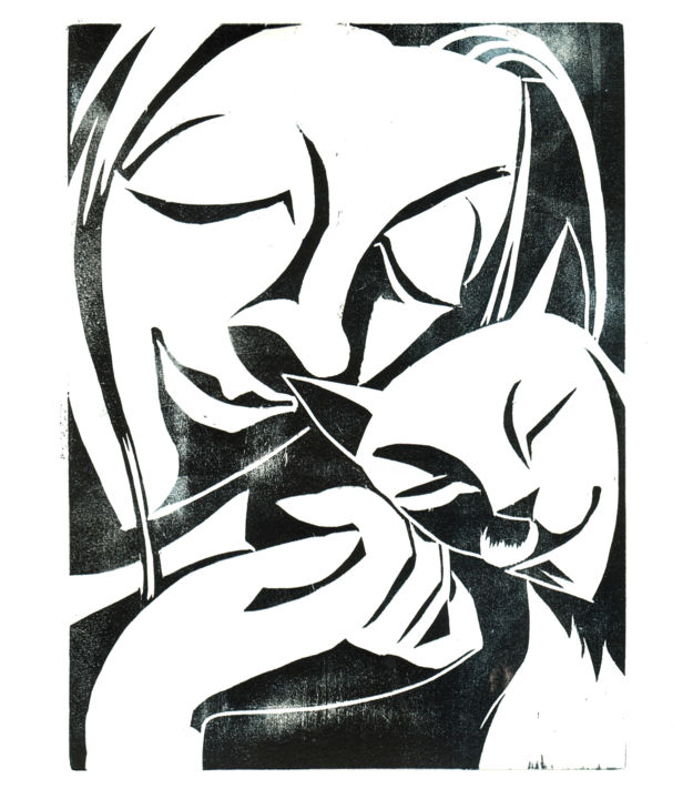 Printmaking titled "Frau mit Katze" by Andrea Riegler, Original Artwork, Xylography