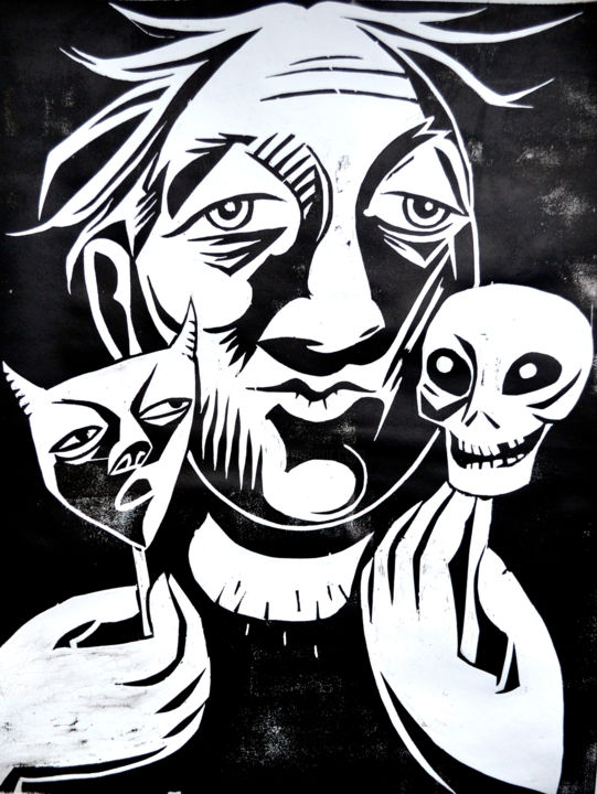 Druckgrafik mit dem Titel "The Puppeteer, Wood…" von Andrea Riegler, Original-Kunstwerk, Holzschnitt