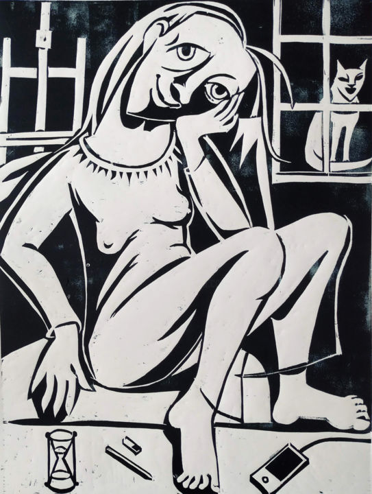 Printmaking titled "Woman thoughtful" by Andrea Riegler, Original Artwork, Xylography