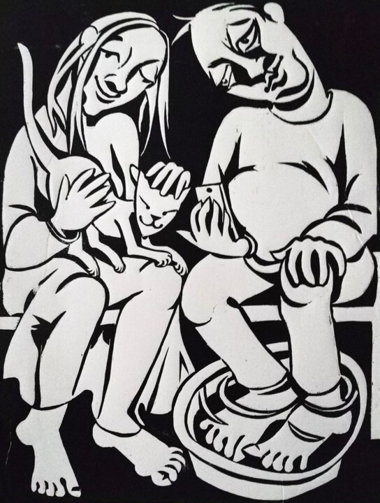 Gravures & estampes intitulée "Das Ehepaar" par Andrea Riegler, Œuvre d'art originale, Xylographie
