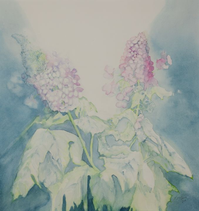 Malerei mit dem Titel "Hortensia in the mi…" von Andrea Sargeant, Original-Kunstwerk, Aquarell